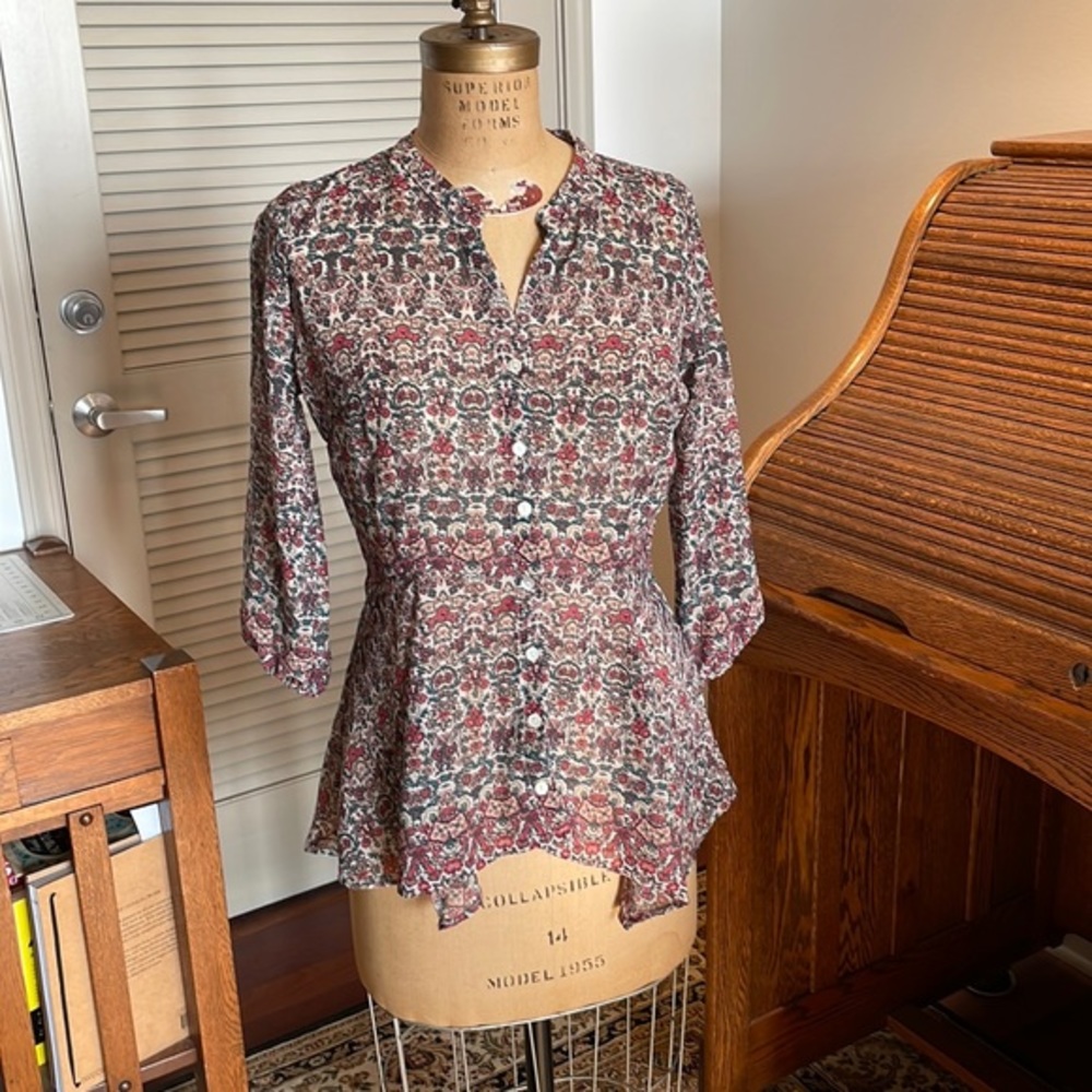 Tanzara sheer fitted blouse with Indian block print motif